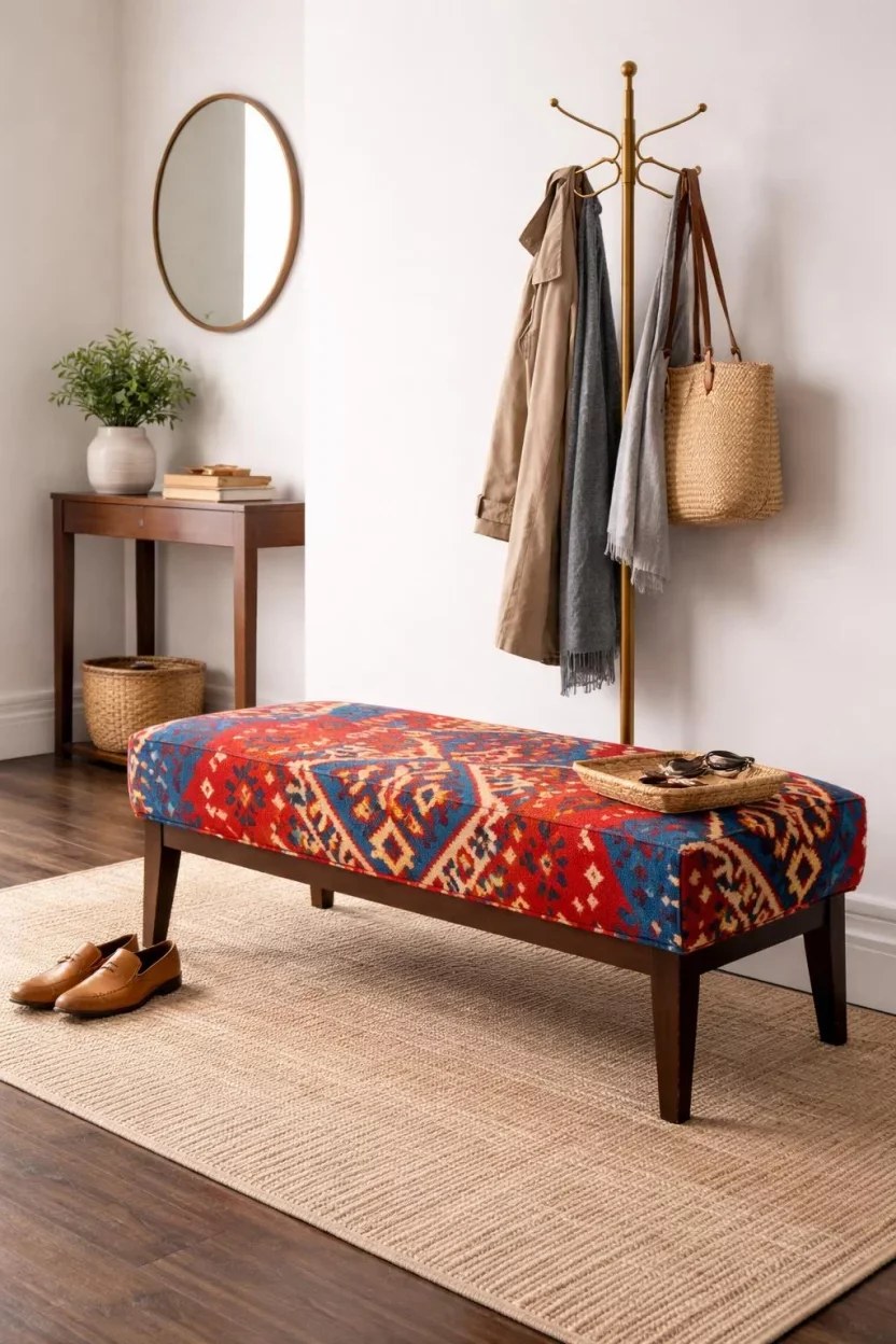 Chic entryway bench ideas featuring a sleek metal frame