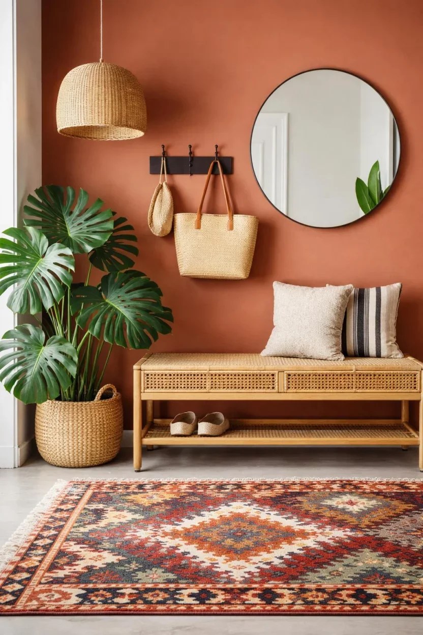 Colorful entryway bench ideas paired with vibrant wall art