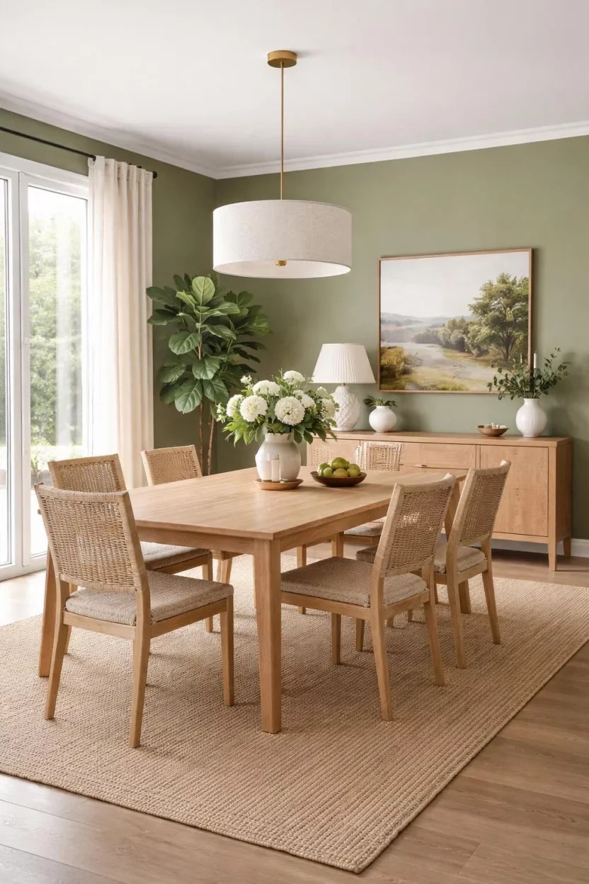 Vibrant green dining room ideas accented by colorful tableware