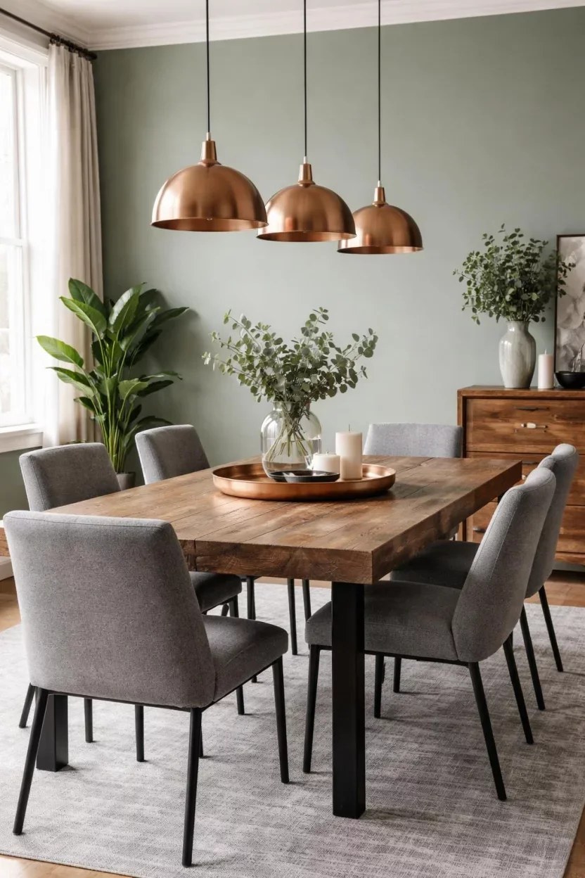 Serene green dining space with layered lighting effects