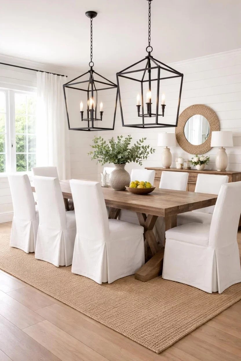 Light-filled green dining area featuring botanical wall art