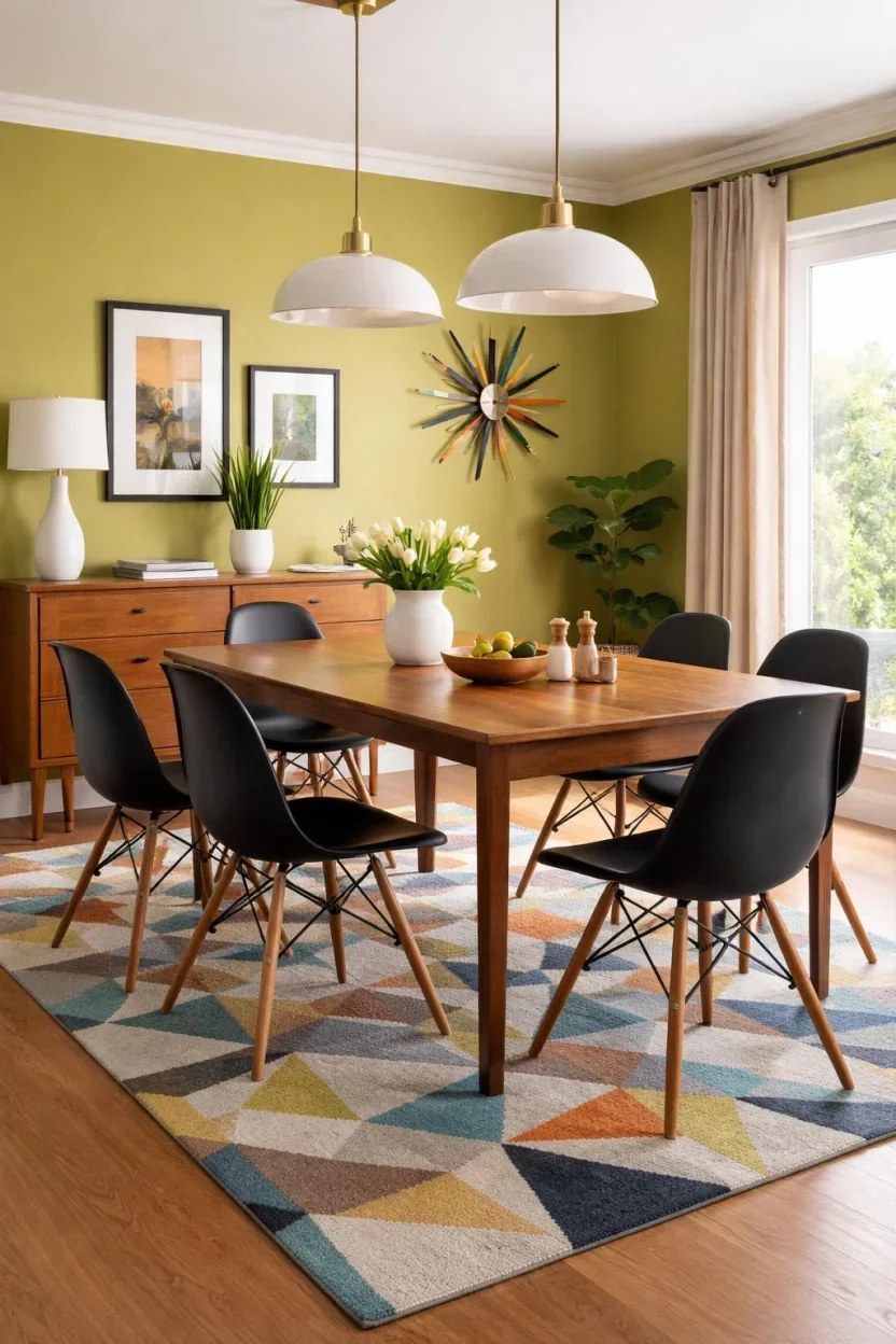 Bright green dining room ideas featuring natural wood furniture