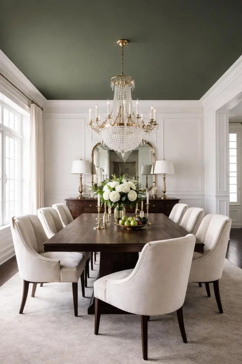 Inviting green dining area adorned with textured textiles