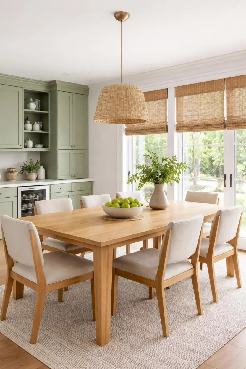 Chic green dining room ideas paired with bold artwork