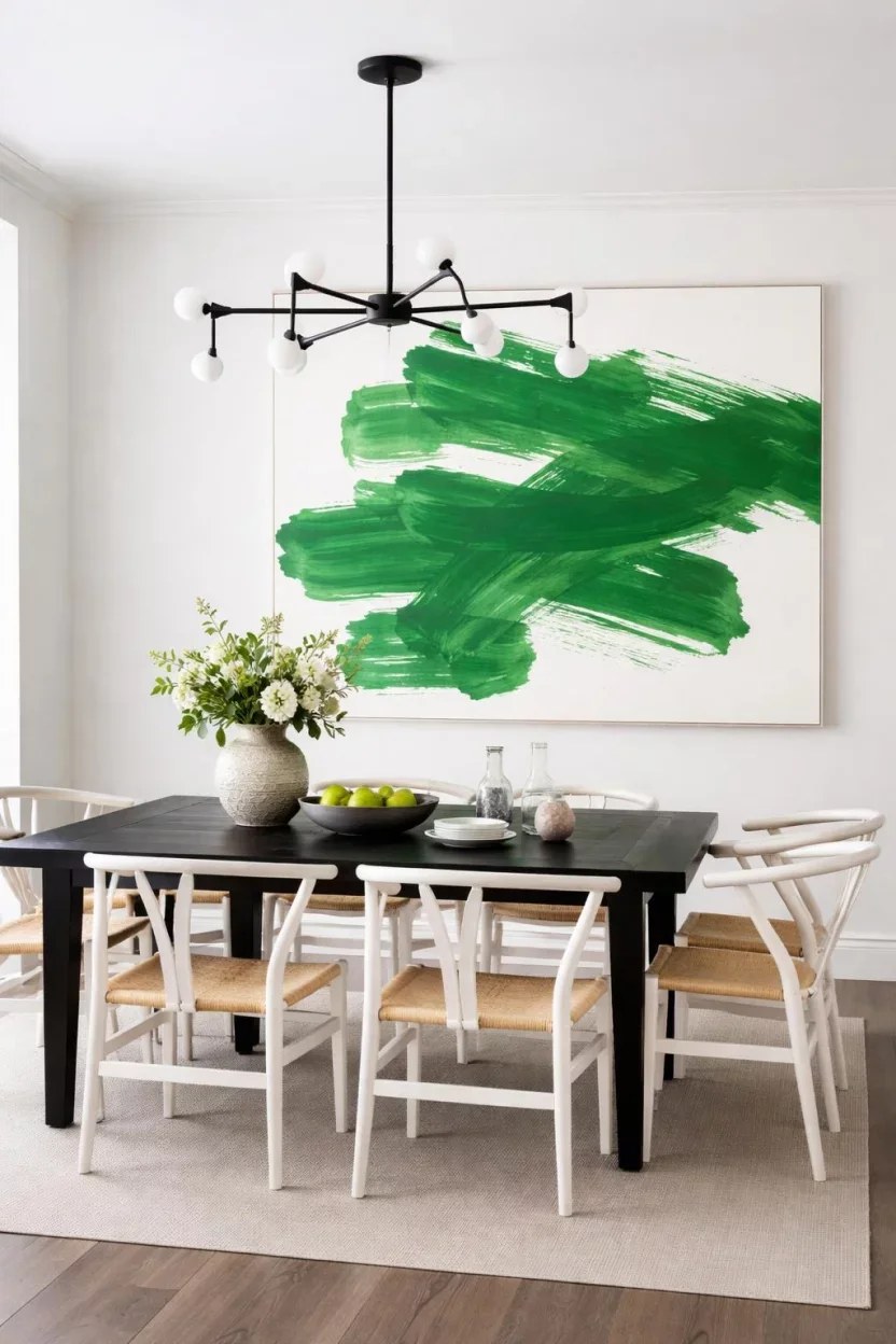 Airy green dining space highlighting large windows and greenery