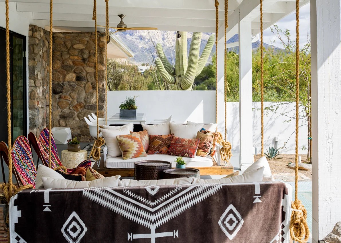 Rustic wooden furniture harmonizing with bohemian backyard ideas